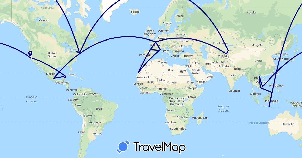 TravelMap itinerary: driving in France, Indonesia, Kyrgyzstan, Morocco, Mexico, Malaysia, United States, Vietnam (Africa, Asia, Europe, North America)